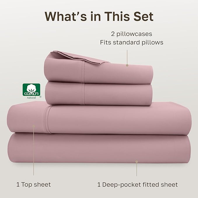 California Design Den Soft 100% Cotton Sheets Full Size Set, 400 Thread Count Good Housekeeping Award Winner, Smooth Sateen Finish with Deep Pockets, Cozy and Durable Cotton Bedding Set - Mauve