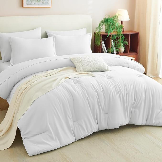 CozyLux Twin XL Comforter Set White, 5 Pieces Bed in a Bag Twin Extra Long Comforter Set with Sheets for College Dorm, Luxury Bedding Sets with Down Alternative Comforter, Sheets, Pillowcase & Sham
