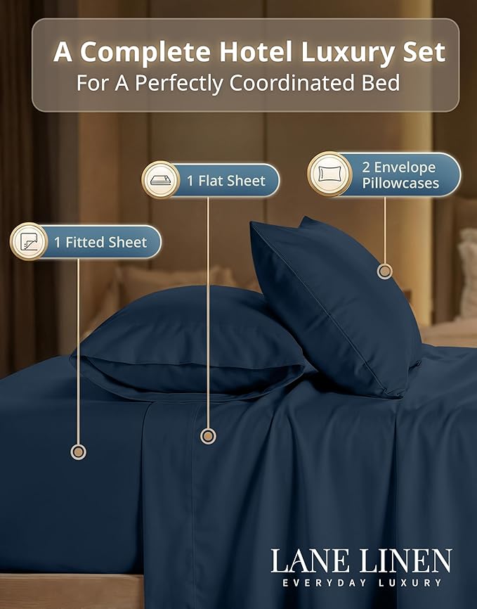LANE LINEN California King Sheets Set - 600 Thread Count Premium Sateen Weave - Extra Soft & Breathable 100% Cotton Sheets for Master Bedrooms - 15'' Deep Pocket for Snug Fit to Your Mattress - Denim