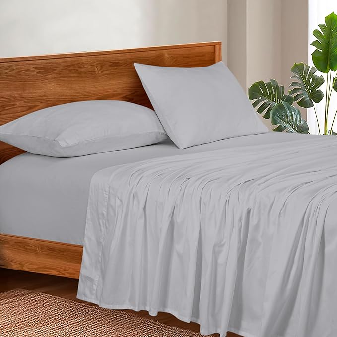 ROYALE LINENS 300 Thread Count Cotton Sateen Sheet Set - 4 Piece Queen Bed Sheets - 1 Fitted, 1 Flat & 2 Pillow Cases - Soft Cool & Crisp Sheet Set (Queen, Microchip)