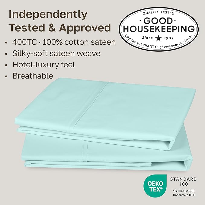 California Design Den Standard Queen Size Pillowcase Set - 400 Thread Count, 100% Cotton Sateen, Set of 2 Pillow Covers, Soft and Breathable - Seafoam