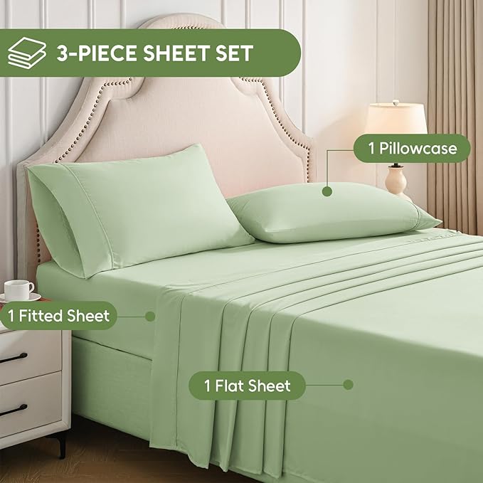 Twin XL Sheets Set, 3 Pieces Hotel Luxury Soft Microfiber Bed Sheets Set, Up to 16" Deep Pockets, Oeko-Tex Sheets with Elastic, Breathable, Wrinkle Free (Sage, Twin XL)