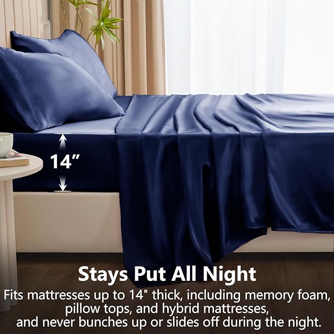 CozyLux Satin Sheets King Size Sheet Set - 6 Piece Silky King Sheets, Luxury Navy Blue King Bed Set with Smooth and Soft Microfiber, Includes 1 Fitted Sheet, 1 Flat Sheet and 4 Pillowcases