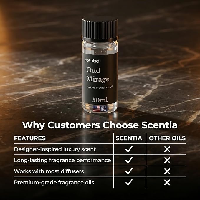Scentia Oud Mirage Luxury Oud Fragrance Oil for Diffusers – Spicy Woody Home Scent with Cardamom, Sandalwood, Patchouli & Tonka – Aromatherapy Oil for Cold Air, HVAC – 50 ml (1.69 fl oz)
