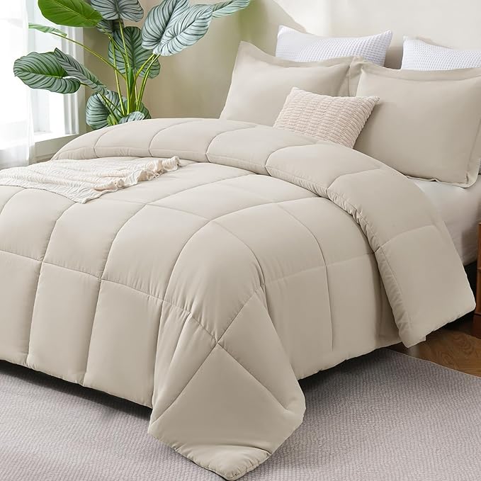 CozyLux Full Size Comforter Sets - Beige Comforter Full Size, 3 Pieces Box Stitched Bed Set for All Seasons, Soft Lightweight Bedding Sets with 1 Down Alternative Comforter and 2 Pillow Shams