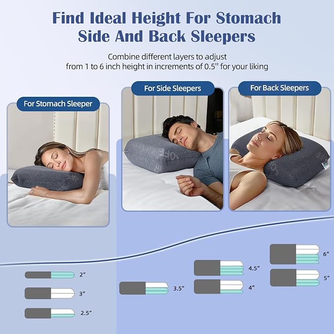 Adjustable Memory Foam Pillow - Combined Thin Pillow to Adjust Softness/Support, 10 Heights of Adjustable Piliow for Neck Pain Relief, CertiPUR-US Memory Foam Plilow for Stomach/Side/Back Sleeper