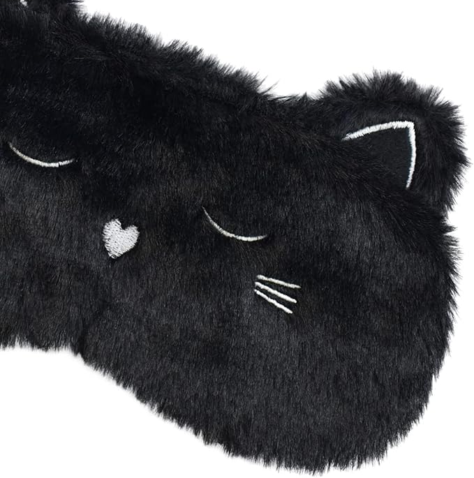 Cute Sleeping Mask, Black Cat Soft Plush Fluffy Sleep Mask Men Cartoon Kittens Blindfold Novelty Eye Cover Eyeshade Shade for Kids Girls and Adult Travel (Black, Cat)