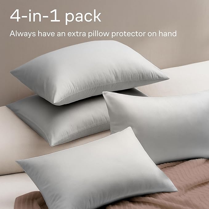 Ultra Soft Pillow Protectors with Zipper Standard Size - Set of 4 Breathable Pillow Covers - 100% Protection Against Stains, Dust & Dirt - Machine Washable (Light Gray)