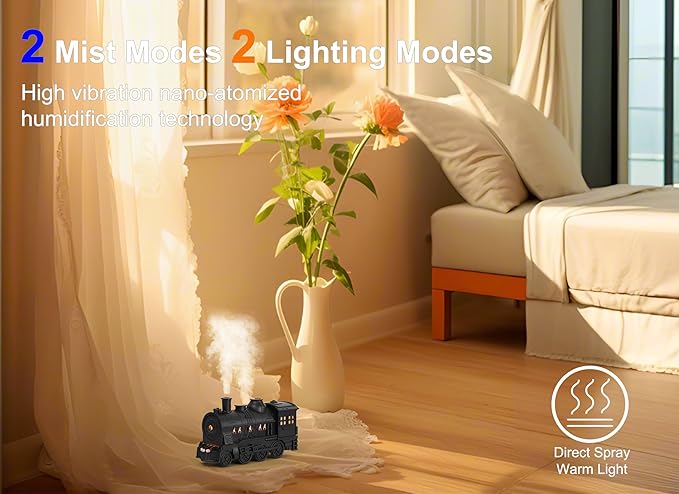 Train Shape Essential Oil Diffuser Humidifier, 2 Lighting Modes, Remote Control, Train Design Home Fragrance Diffuser, 300ml, for Bedroom Office Desktop (US Plug)