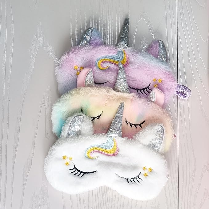 Cute Animal Sleeping Mask Soft Plush Blindfold Cute Rabbit Panda Koala Eye Cover Eyeshade for Kids Teens Girls Women (3Pack Unicorn)