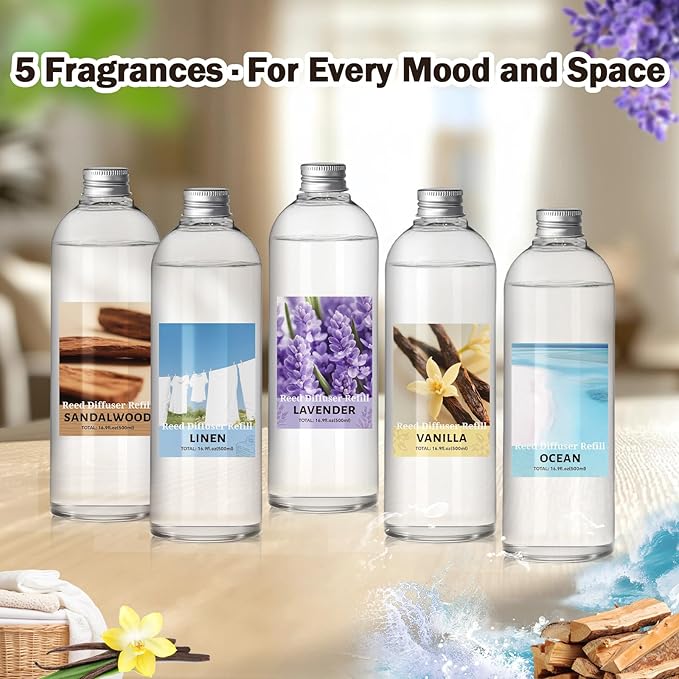 SCENTORINI Reed Diffuser Oil Refill, 16.9oz Natural Vanilla Scented Essential Oil with 6 Sticks, Long Lasting Home Fragrance for Large Space, Bathroom, Spa Room Aromatherapy, Hotel & Office Decor