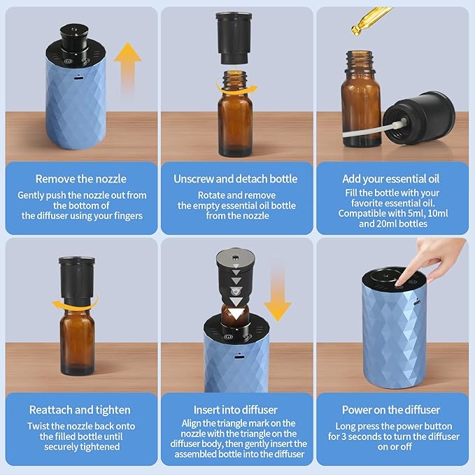 Waterless Essential Oil Diffuser - Portable Aromatherapy Scent Machine with 3 Mist Modes, 72Hr Battery, Quiet Operation for Home Office Car, Ice Blue