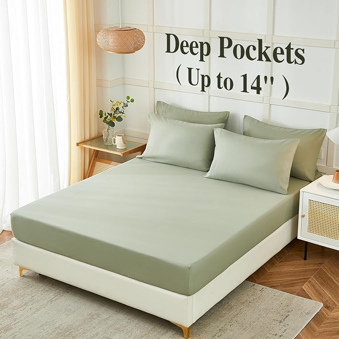 ILAVANDE Queen Sheets Set 6 Piece,Hotel Luxury Super Soft 1800 Series Microfiber Queen Bed Sheets Set-Wrinkle Free & Breathable-14 Deep Pocket Sheets for Queen Size Bed(Queen,Sage Green)