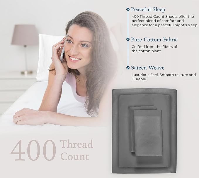 ROYALE LINENS 400 Thread Count 100% American Grown Cotton 4 Piece Sateen Full Sheet Set - 1 Fitted Sheet, 1 Flat Sheet, 2 Pillow case - Grey Full Bedsheet - Cotton Sheets - (Full, Spanish Slate)