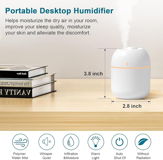 Portable Small Humidifier, USB Personal Desktop Humidifier for Car, Office Room, Bedroom, Auto Shut-Off, 2 Mist Modes, Super Quiet, 220ml, White