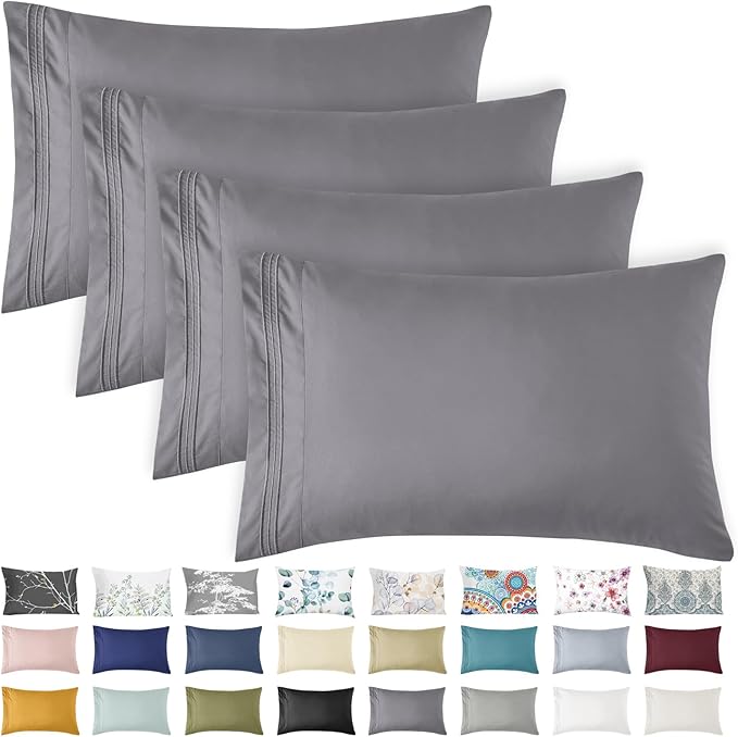YIYEA California King Pillow Cases Set of 4, Ultra Soft 1800TC Hotel Quality Double Brushed Microfiber Embroidered Pillowcases, Envelope Closure, Fade Resistant (20"x40", Medium Grey)