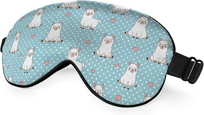 Cute Alpaca Silk Eye Mask Sleep Mask Red Heart White Llama Dots Cartoon Eye Mask with Adjustable Strap Lightweight for Women Work Travel Night Sleep