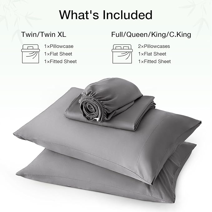 Love's cabin 3 Piece Twin XL Sheet Set, 100% Rayon Derived from Bamboo, Cooling & Breathable, Soft Silky Deep Pocket up to 16", Hotel Luxury Bedding for Hot Sleepers, Grey
