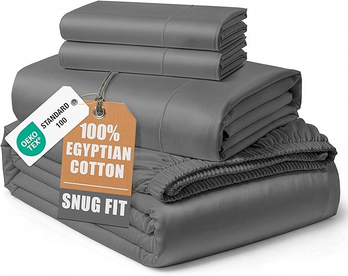 LANE LINEN 100% Egyptian Cotton Luxury Bedding Queen Sheet Set, Fade Resistant, No Pill, Naturally Cooling, Soft & Comfy Silky Smotth Sateen Weave Sheets - Charcoal Gray