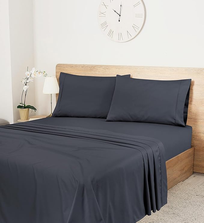 ROYALE LINENS 400 Thread Count 100% American Grown Cotton 4 Piece Sateen King Sheet Set - 1 Fitted Sheet, 1 Flat Sheet, 2 Pillow case - Grey King Bedsheet - Cotton Sheets - (King, Spanish Slate)