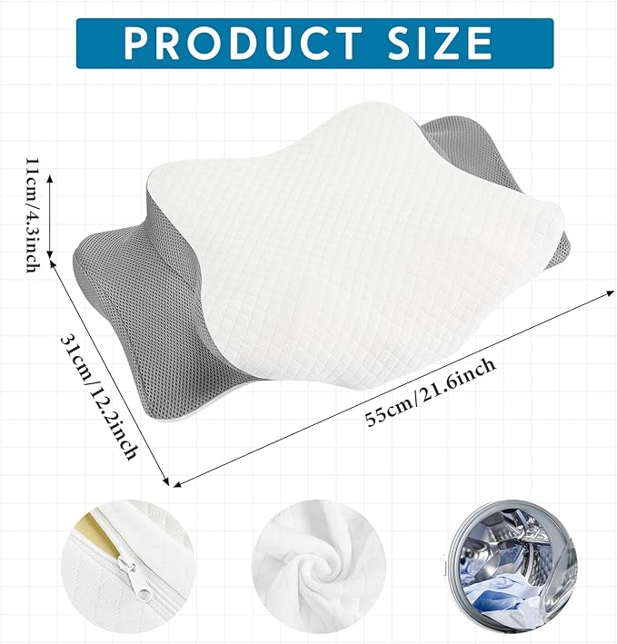 HunnmingRe Cervical Pillow Case Cover Comfortable and Breathable Memory Foam Cervical Neck Pillow Case Cover with Zipper(Light Gray, White,Standard Size)