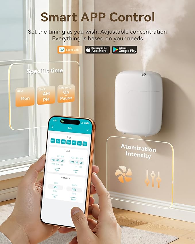 Waterless Essential Oil Diffuser, Smart Bluetooth Aromatherapy Diffuser with App Control, 400ml Large Capacity and 3000 sq ft for Home, Hotel, Office, Spa, Silent Auto Mode & Timer Controlled