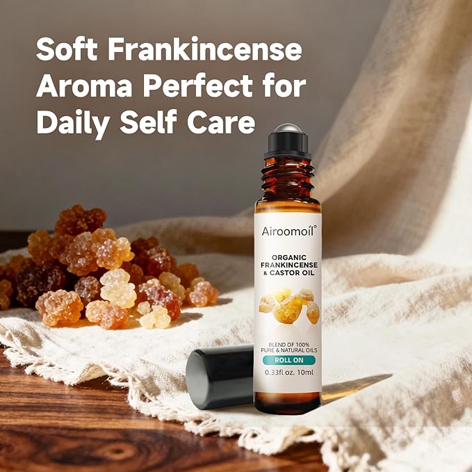 Organic Castor and Frankincense Roll-on Oil, 10 mL, Natural Plant Blend, Convenient Rollerball Design, Travel Size for Aromatherapy, Meditation, Yoga Relaxation, Revitalize Skin, Lady Gift