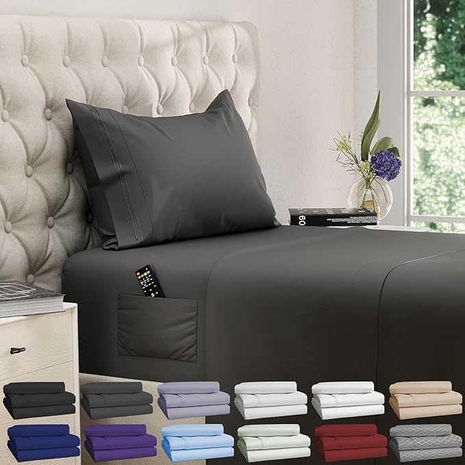 DREAMCARE Twin XL Sheet Sets - 3 pcs Breathable Cooling Bed Sheets - up to 21" Extra Deep Pocket Twin XL Sheets Set with Side Pockets - Extra Soft 100% Brushed Hypoallergenic Hotel Luxury - Gray
