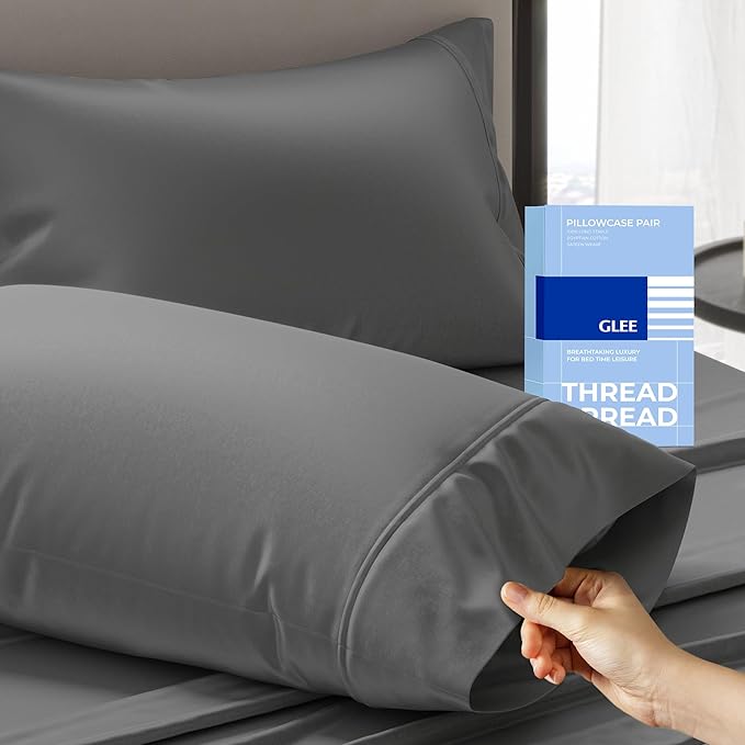 Thread Spread 100% Cotton King Size Pillow Cases Set of 2 - Luxury 400 Series Glee Collection Pillow Cases King Size (Dark Grey), Soft Cooling Breathable & Durable Sateen Hotel Cotton Pillowcases