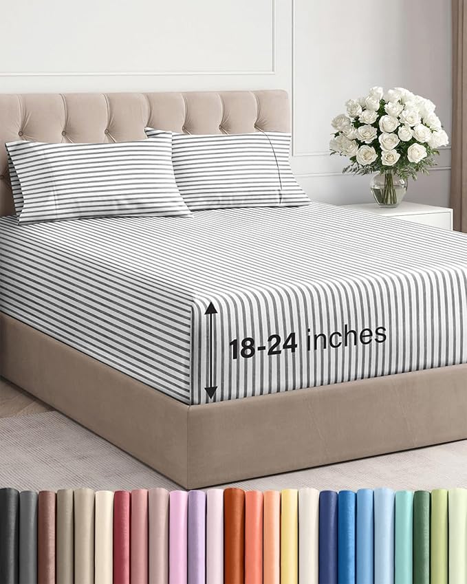 Extra Deep Full Sheet Set - 4 Piece Breathable & Cooling Bed Sheets - Easily Fits 18 to 24 inch Mattress - Ultra Soft, Wrinkle & Fade Free w/ Extra Deep Pockets - Hotel Luxury Bedding - Grey Stripes 2