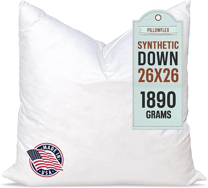 Pillowflex Synthetic Down Pillow Insert - 26x26 Down Alternative, Ultra Soft Large Square European Throw Pillow, Couch Euro Sham, Bed - 1 Decorative Form