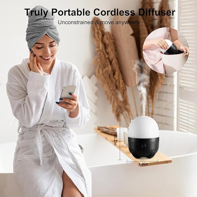Marchred Cordless Diffuser, Battery Operated Diffuser for Essential Oils, Rechargeable Portable Aromatherapy Cool Mist Air Humidifier with 7 Color Changing Light, for Home Room Office Travel