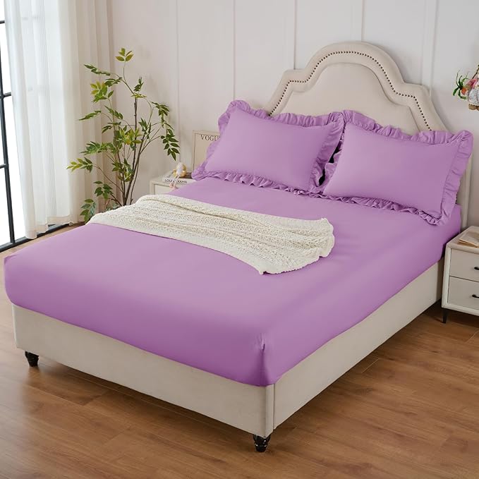 Homiest 2-Pieces Ruffle Pillow Case & Fitted Sheet Set, Lavender Twin Sheets with Ruffled Pillow Shams, 15 Inch Deep Pocket, Cute & Coquette Microfiber Bed Set for Decorating Bedroom Hotel