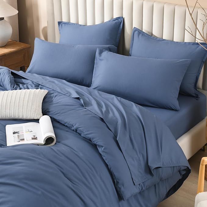 Litanika Super King Comforter Sets Ocean Blue - 7 Pieces Bed in a Bag Oversized King Bedding Comforter Sets, Solid Lightweight Bed Set with Comforter, Sheets, Pillowcases & Shams