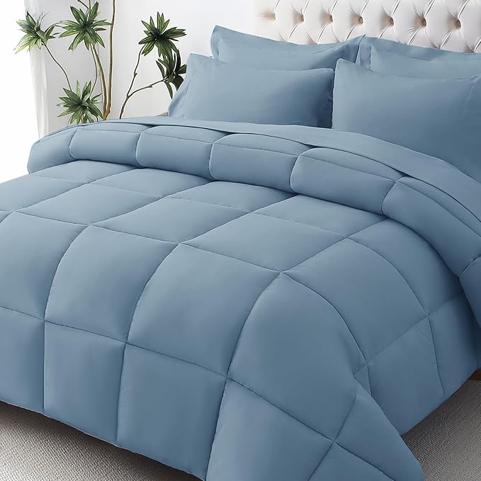 JOLLYVOGUE California King Comforter Set, Ultra-Soft Bed in a Bag Cal King Size 7 Pieces, Oeko-TEX Certified Bedding Set with Down Alternative Comforter, Sheets, Pillowcases & Shams, Dusty Blue