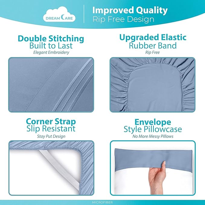 DREAMCARE Full Size Sheets - 6 pcs Breathable Cooling Bed Sheets - up to 15" Deep Pocket Full Size Bed Sheets wth Side Pockets - Extra Soft 100% Brushed Hypoallergenic Hotel Luxury Bedding -Light Blue