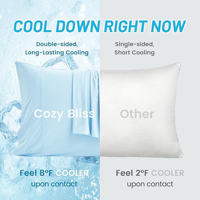 Cozy Bliss Cooling Pillow Cases for Hot Sleepers, Q-Max>0.45, King Size Set of 2, Soft & Silky Pillow Covers with Envelope Closure,Gift, Cool Blue, 20x36 Inches