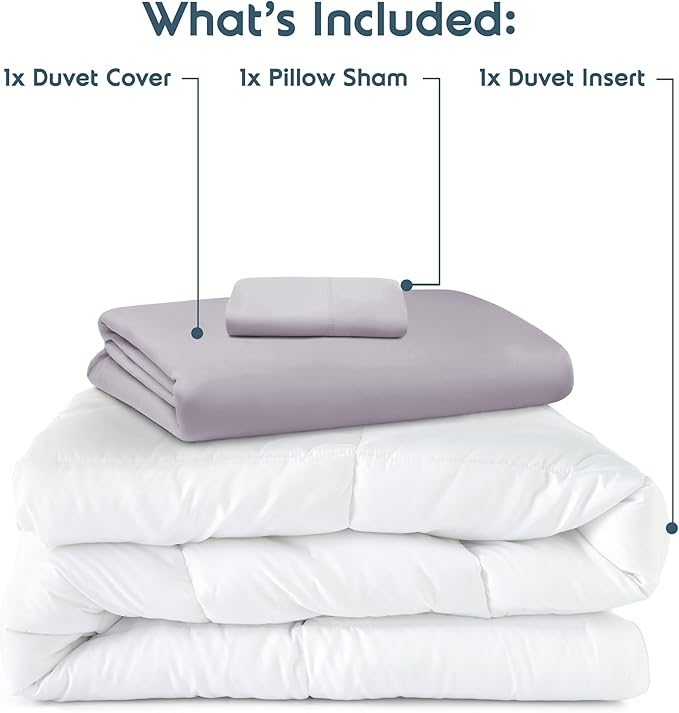 Nestl Twin Duvet Cover Set with Comforter Insert - Grey Lavender 3 Piece 68x90 Duvet Cover & 1 Pillow Sham with White Quilted Down Alternative Comforter, Ultra Soft, All Season