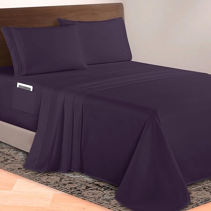 Elegant Comfort Luxurious 1500 Premium Hotel Quality Microfiber 4-Piece Sheet Set, 18-24 Inches Deep - Extra Deep Pocket Sheets - Ultra Soft 4PC Deep Pocket Sheets, Queen, Eggplant-Purple