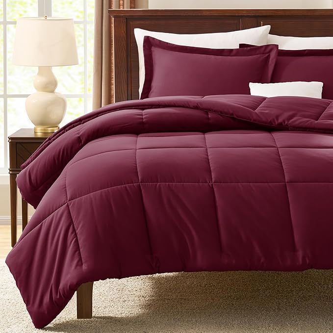 CozyLux Queen Comforter Set - Burgundy Comforters Queen Size, 3 Pieces Box Stitched Bed Set for All Seasons, Soft Lightweight Bedding Sets with 1 Down Alternative Comforter and 2 Pillow Shams