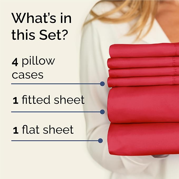 Full 6 Piece Sheet Set - Comfy, Breathable & Cooling - Soft Hotel Luxury Bedding for Women, Men, Kids, Teens & Children - 1 Flat & 1 Fitted Sheet & 4 Pillowcases w/ Deep Pockets - Wrinkle Free - Red