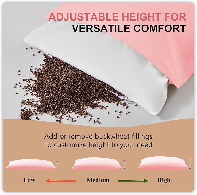 MIOTO Organic Buckwheat Pillow for Sleeping with Dual-Layer Pillowcase and Extra Tartary Buckwheat Hulls, Adjust Height and Firmness, Neck Support Pillow for Back and Side Sleepers 14"x20", Pink