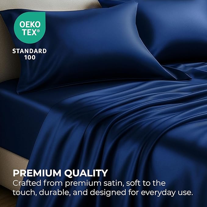 Satin Sheets California King [4-Piece, Navy] Luxury Silky Bed Sheets - Extra Soft 1800 Microfiber Sheet Set, Wrinkle, Fade, Stain Resistant - Deep Pocket Fitted Sheet, Flat Sheet, Pillow Cases