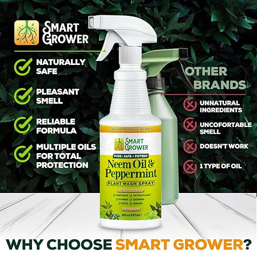 Smart Grower Neem Oil Spray for Plants with Peppermint Oil, Natural Plant Wash Made for Indoor Household Plants 16oz Easy Ready to Use Spray