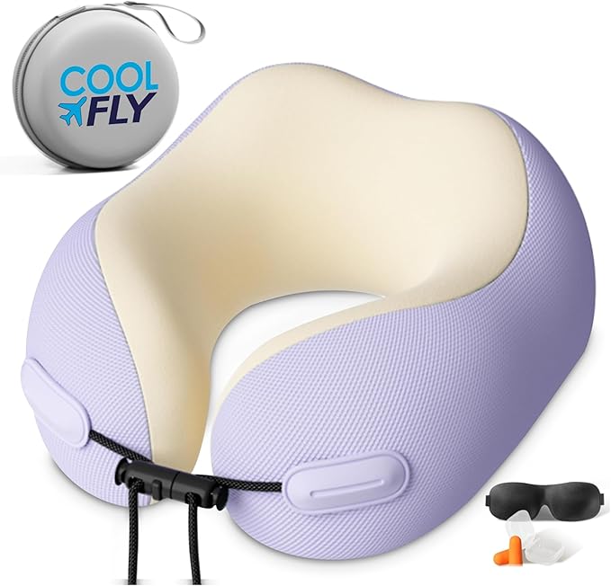 Cool Fly - Cool Colors Travel Neck Pillow Set. Cool Bright Fashion Pastel Colors. Luxury Memory Foam Airplane Adjustable Pillow. Cooling Silky Breathable Cover with Bonus Sleep mask, Purple-Beige