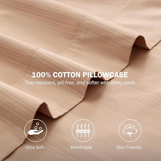 100% Cotton Pillow Cases Set of 2, Sateen Stripe Standard Size Pillowcase, Soft Breathable Pillow Covers, Hotel Quality Bedding, 20" x 30", Mirage Gray