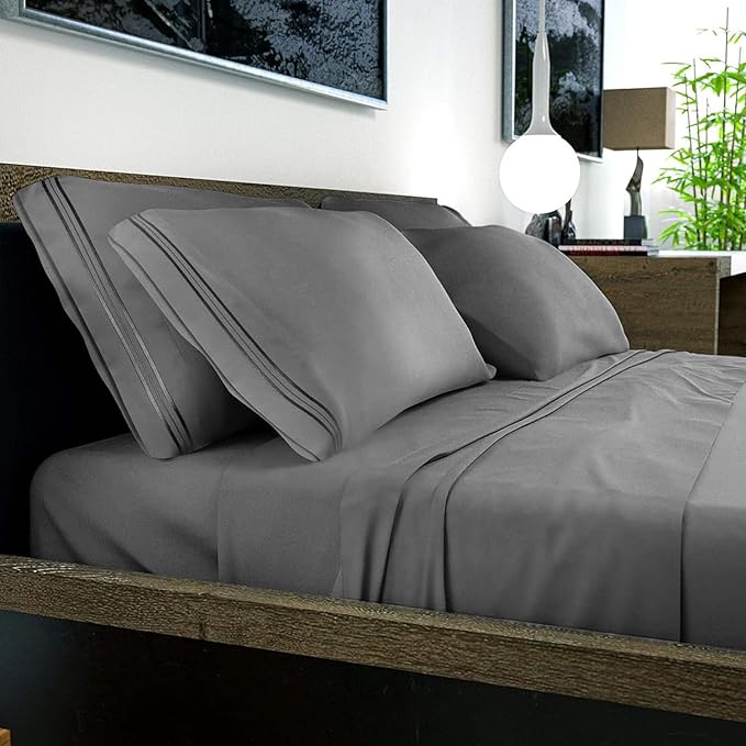 DREAMCARE King Size Sheets Set - 6 pcs Breathable Cooling Bed Sheets - up to 15" Deep Pocket King Sheet Set with Side Pockets - Extra Soft 100% Brushed Hypoallergenic Hotel Luxury Bedding - D Gray