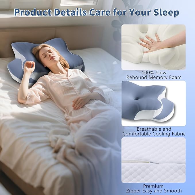 Memory Foam Cervical Pillow - Cooling Side Sleeper Pillow for Sleeping, Ergonomic Memory Foam Pillows for Neck Support, Contour Orthopedic Bed Pillow for Back Stomach Sleepers (Blue)