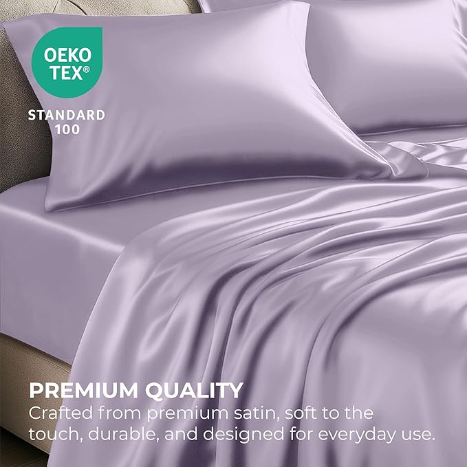Pure Bedding Satin Sheets Full [4-Piece, Lavender] Hotel Luxury Silky Bed Sheets - Extra Soft 1800 Microfiber Sheet Set, Wrinkle, Fade, Deep Pocket Fitted Sheet, Flat Sheet, Pillow Cases