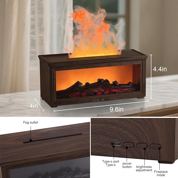 Fireplace Flame Essential Oil Diffuser Humidifier - Ultrasonic Aroma Diffuser with 7-Color Flame Effect, Remote Control & Auto-Off Timer for Bedroom, Home Office,Yoga(Dark Wood Grain)